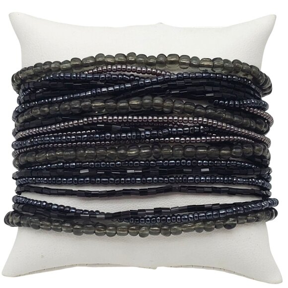 Cookie Lee Multi-Strand Beaded Bracelet With Metal Accents Black Gray Stretch - Picture 1 of 7